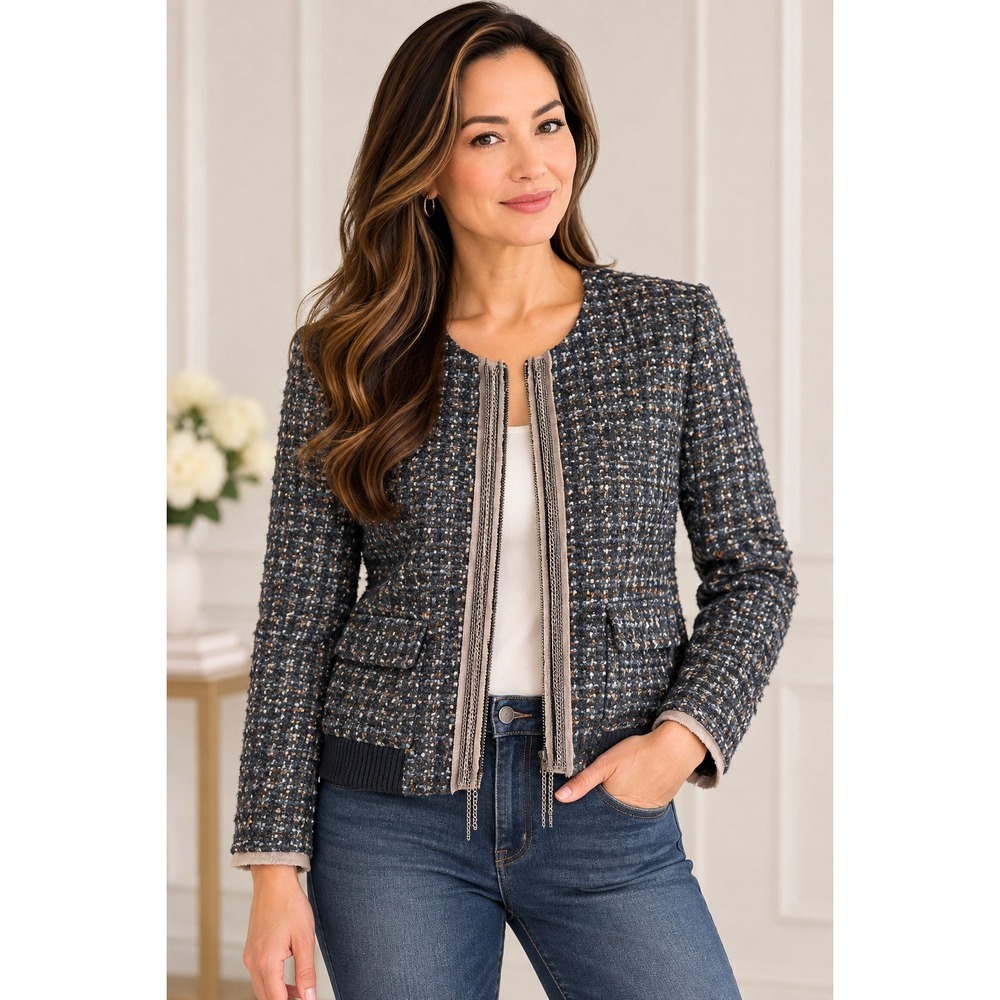 LOFT Tweed Boucle Jacket Blue Parisian Chic Textured Preppy Medium Old Money
